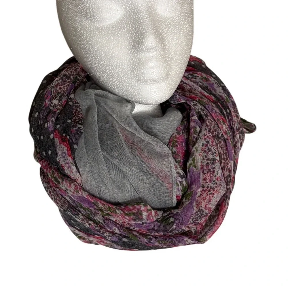 Boho Floral and Polka Dot Infinity Scarf‎ Purple Pink Grey Lightweight Gauze